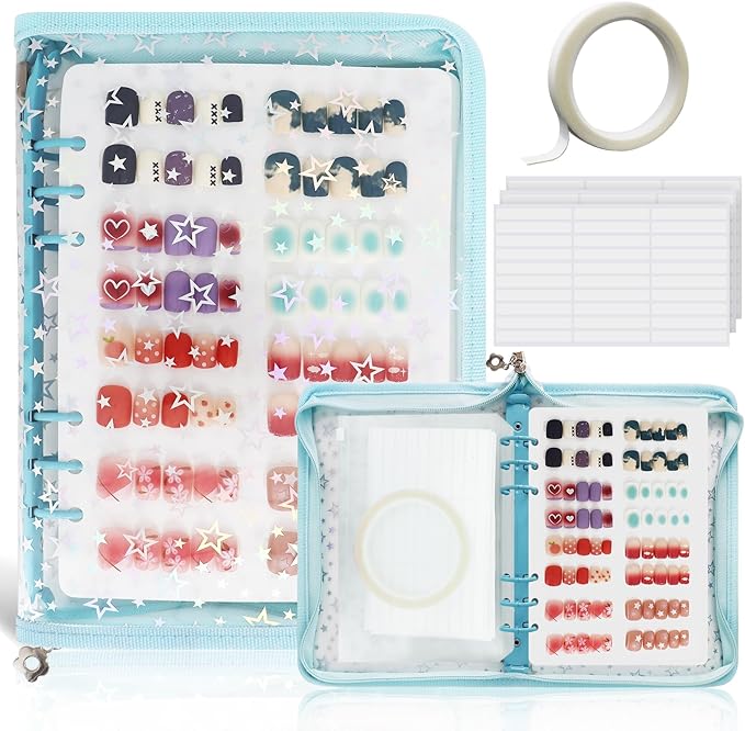 DHATMYC Press On Nail Storage Organizer Binder with 8 Insert Pages - A5 Size Reusable Fake Nail Swatch Star Collecting Book Polish Color Display Holder Container with Tape and Zipper Pocket (BLUE)