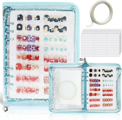 DHATMYC Press On Nail Storage Organizer Binder with 8 Insert Pages - A5 Size Reusable Fake Nail Swatch Star Collecting Book Polish Color Display Holder Container with Tape and Zipper Pocket (BLUE)