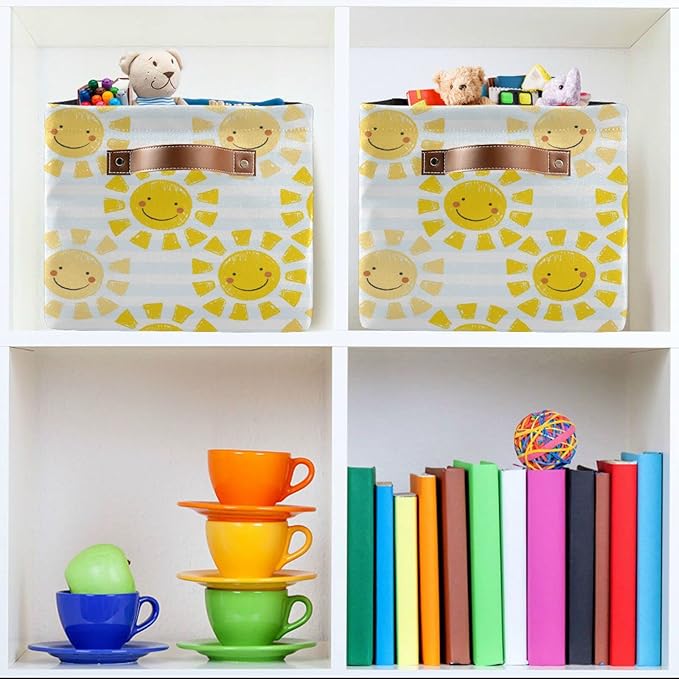 Cute Sunshine Storage Basket Bin, Large Cube Storage Box Canvas Collapsible Storage Organizer for Home Office Closet - 15 L x 11 W x 9.5 H
