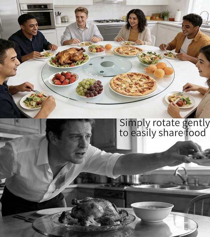 24" Glass Lazy Susan for Dining Table, Glass Turntable Table Centerpiece with 6 Rotating Wheels, 360° Smooth and Silent Spin Tabletop Rotating Tray, for Family Gatherings, Banquets, Weddings, 61 cm