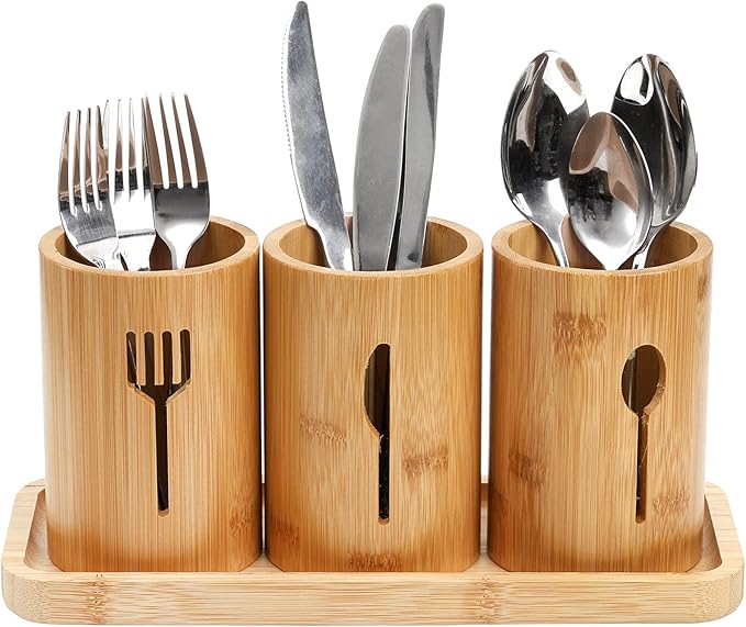Lyellfe Silverware Holder, Bamboo Utensil Organizer with Tray, Kitchen Cutlery Flatware Holder Organizer for Spoons, Knives and Forks, Ideal for Kitchen and Restaurant