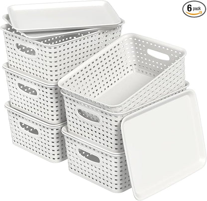 6 Pack Plastic Stackable Storage Baskets with Lids, White Breathable Storage Containers Bins for Organizing Desktop Closet Playroom Classroom Office