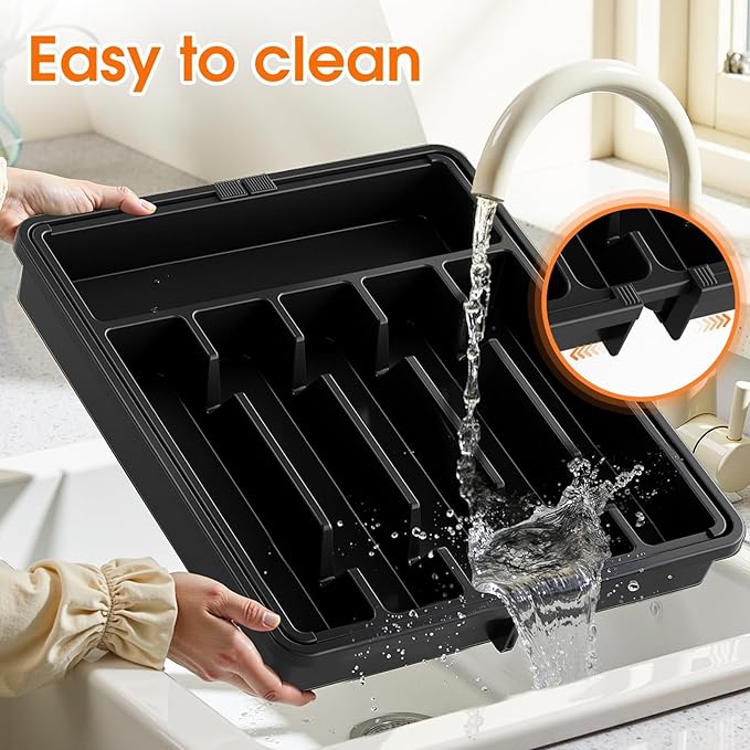 SpaceHacks Silverware Organizer，Adjustable & Expandable Utensil Drawer Organizer, BPA Free Utensil Holder, Cutlery Tray for Forks, Spoons, Knives in Kitchen, Large, Black
