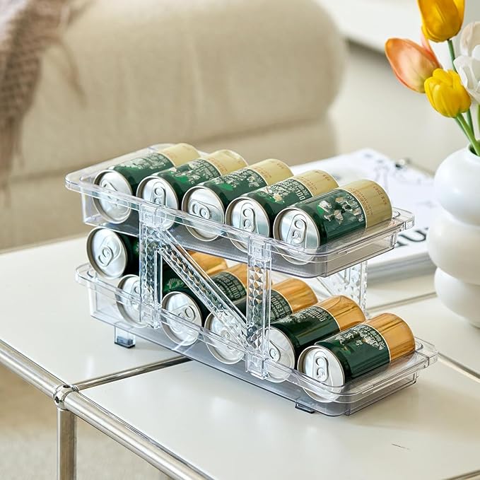 Soda Can Dispenser for Refrigerator,Stretchable Width Sode Can Organizer Stackable Drink Pop Can Organizer for Pantry,Cabinet,Canned Goods Holder, Clear