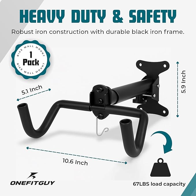 Foldable Bike Wall Mount 1-Pack, Space Saving Horizontal Bike Rack with Adjustable Hanger and EVA Covers, Includes Screws for Garage, Indoor, or Shed