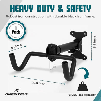 Foldable Bike Wall Mount 1-Pack, Space Saving Horizontal Bike Rack with Adjustable Hanger and EVA Covers, Includes Screws for Garage, Indoor, or Shed
