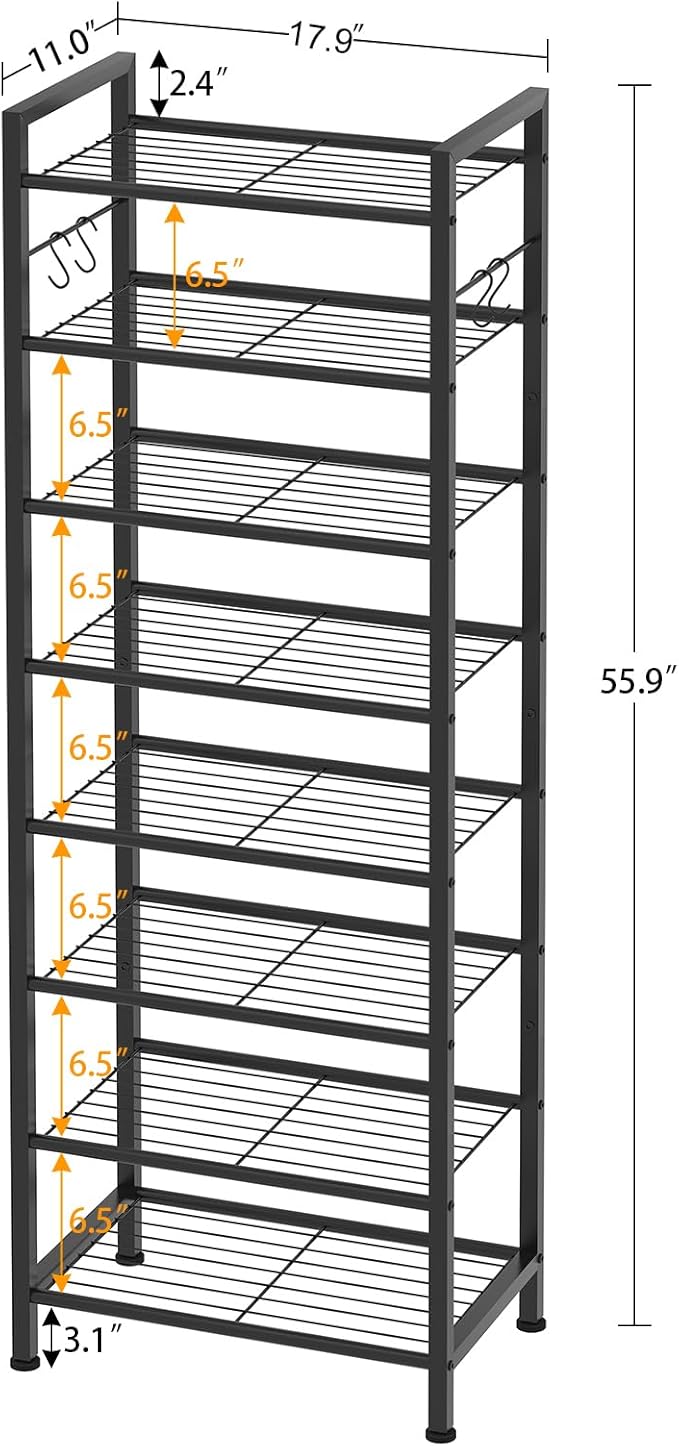 8 Tiers Narrow Shoe Rack 16-24 Pairs, Sturdy Metal Tall Shoe Rack with 4 Hooks, Slim Shoe Storage Organizer with Metal Shelf, Space Saving Vertical Shoe Shelf for Entryway, Closets, Black