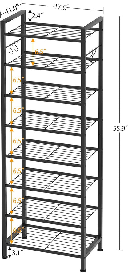 8 Tiers Narrow Shoe Rack 16-24 Pairs, Sturdy Metal Tall Shoe Rack with 4 Hooks, Slim Shoe Storage Organizer with Metal Shelf, Space Saving Vertical Shoe Shelf for Entryway, Closets, Black