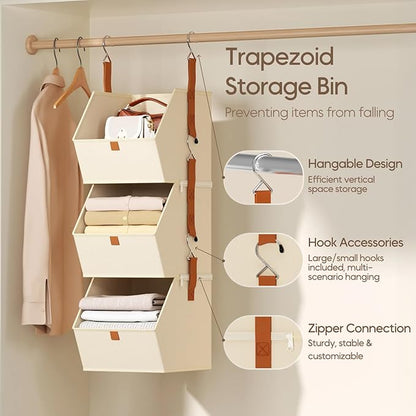 Homsorout Collapsible Hanging Closet Organizer - 3 Tier Closet Shelves Storage System with Hooks, Fabric Hanging Storage Bins for Clothes, Foldable Storage Basket for Laundry, Bedroom, Rv, Beige