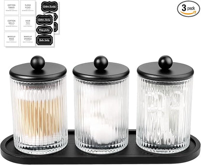 SheeChung 3-Pack Qtip Holder, Apothecary Jars with Bamboo Tray - Modern Industrial Bathroom Organizer Set for Cotton Rounds, Swabs & Flossers - Minimalist Vanity Storage Canister (Matte Black Glass)