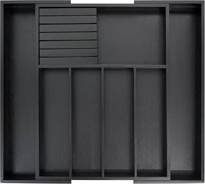 VaeFae Bamboo Silverware Drawer Organizer Kitchen, Expandable Utensil Organizer with Knife Block, Cutlery Tray with Divider, Multifunctional Drawer Organizer (Black)