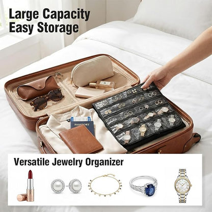 2PCS Hanging Jewelry Organizer with 160 Clear Pockets, 360° Swivel Hook for Double-Sided Jewelry Holder for Earrings, Necklaces, Rings on Closet, Wall, Door, (Black and beige)