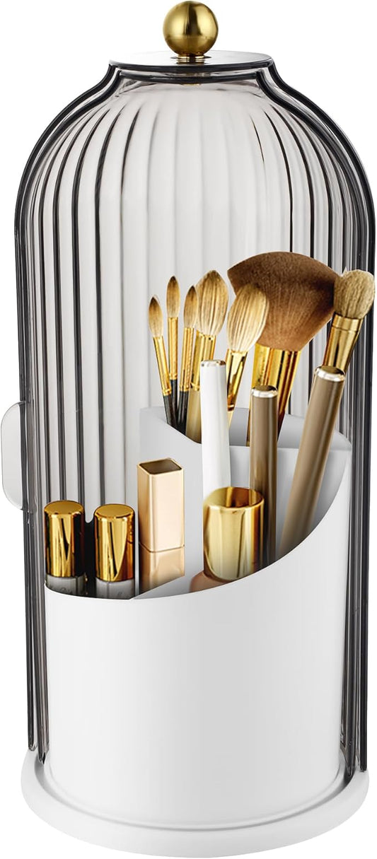 Makeup Brush Holder with Lid 360 Rotating Makeup Brush Organizer, Dustproof Waterproof Material & with 3 Compartments for Organized Storage, Dressing Tables Clear Storage Skincare Cosmetic (Grey)
