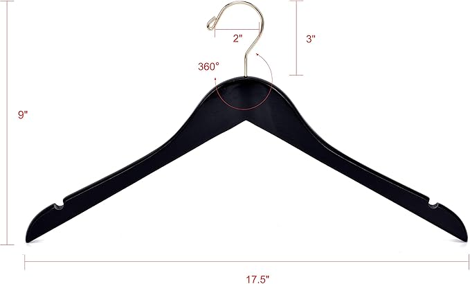 Quality Black Semi Curved Wooden Suit Hangers, 10-Pack Smooth Finish Solid Wood Coat Hanger with Swivel Hook, Jacket, Pant, Dress Clothes Hangers (Black - Gold Hook, 10)