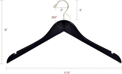 Quality Black Semi Curved Wooden Suit Hangers, 10-Pack Smooth Finish Solid Wood Coat Hanger with Swivel Hook, Jacket, Pant, Dress Clothes Hangers (Black - Gold Hook, 10)