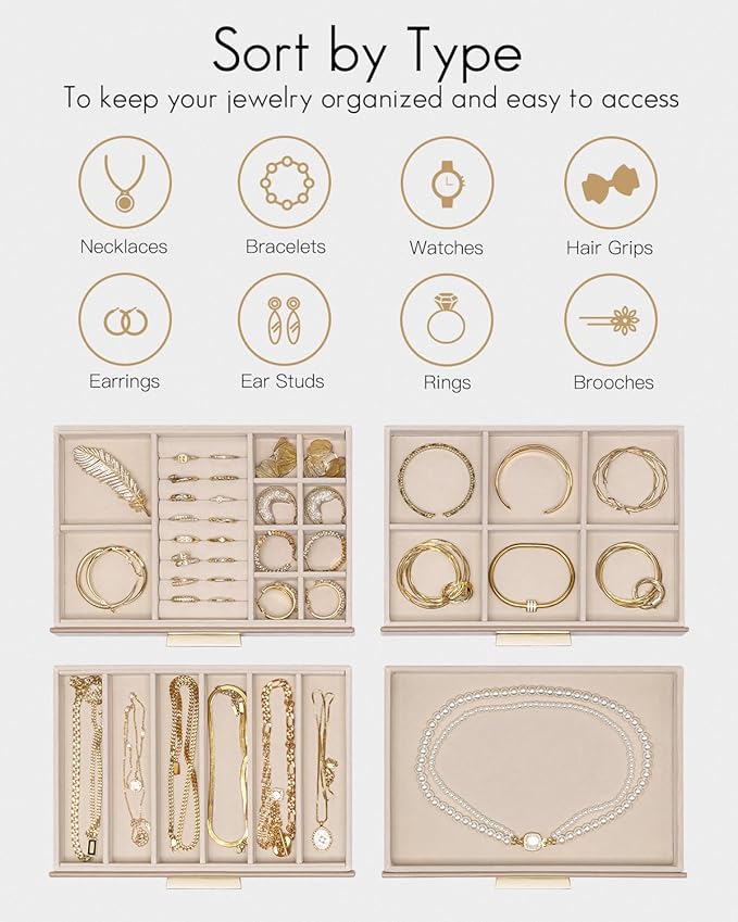 VLANDO 4 Layer Jewelry Box for Women, Mothers Day Gifts for Women, Glass Lid Jewelry Organizer with 4 Drawers for Necklaces Rings Earrings Bracelets - Toffee