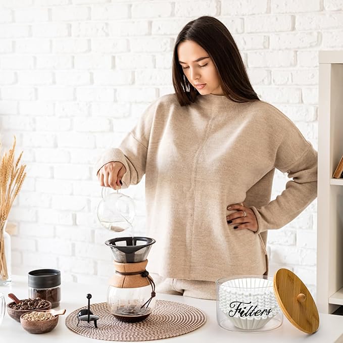 Cididu Coffee Filter Holder with Bamboo Lid, Glass Large Coffee Pod Holder for Counter, Clear Coffee Filter Dispenser Basket, K Cup Countertop Storage Container for Kitchen Cafe Bar Accessories