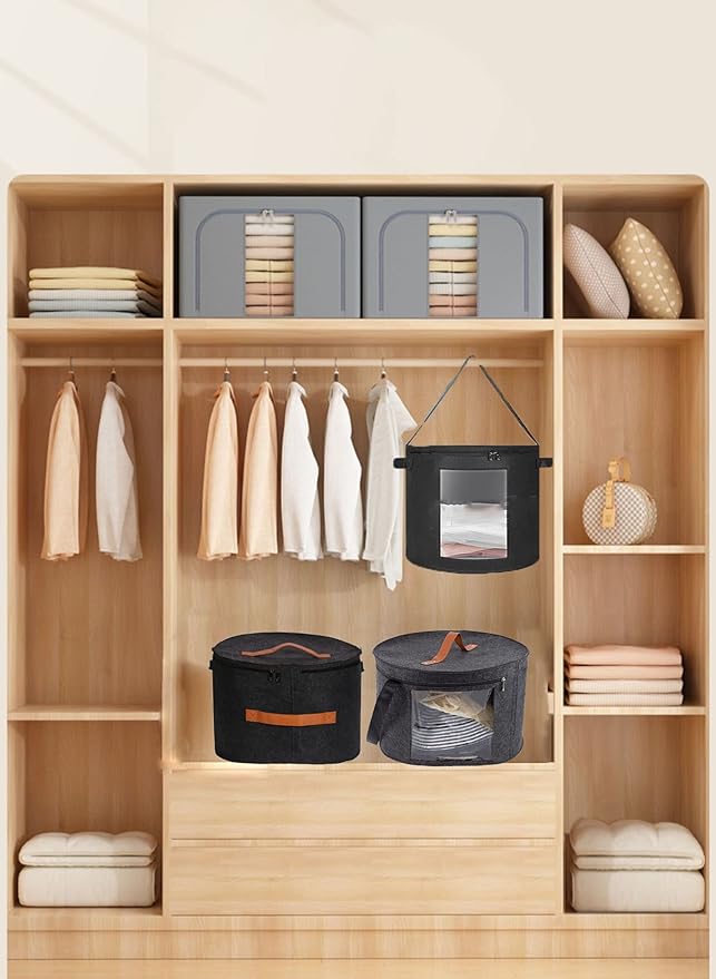 Felt Hat Storage Box,Portable Foldable Hat Container Organizer,with Shoulder Strap & 2 Handles,Stuffed Animal Toys and Clothes Storage Bin,for Closet or Travel (black)