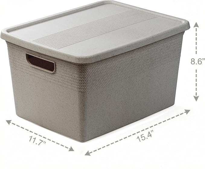 BINO | Plastic Storage Bins with Lids, 22 Liter - 3 Pack, Natural Grey | THE BRAIDED COLLECTION | Plastic Bins for Organization Woven Storage Baskets for Organizing Pantry Shelf Organizer Basket Bin