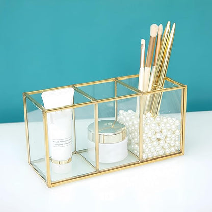 JIARI Gold 3-Compartment Desktop Organizer, Transparent Glass Makeup Brush Holder, 7.08x3.54x2.75 Inches Storage for Home Office and School Items (Gold-3 Slot)