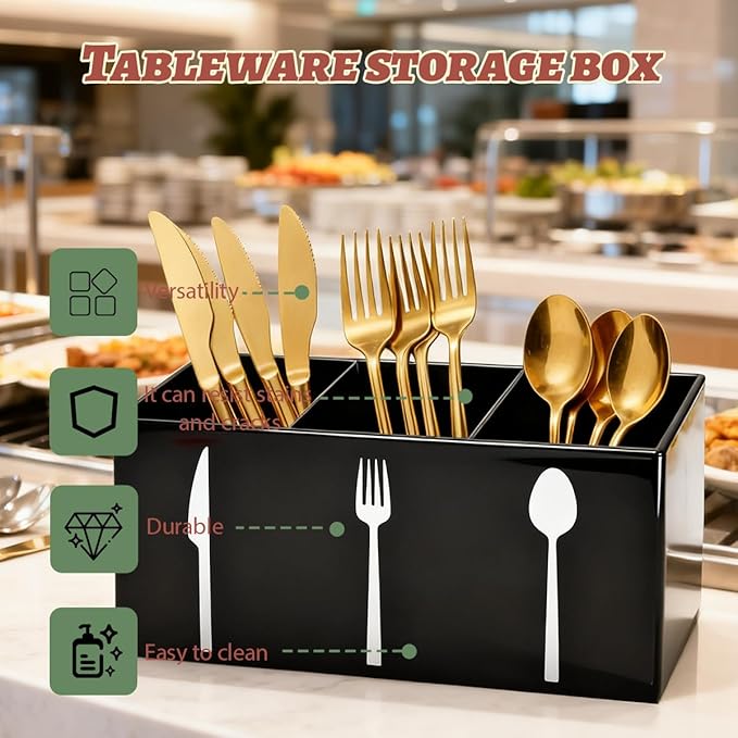 Acrylic Cutlery Storage Organizer Bin,3 Section Silverware Caddy with Spoon Fork Organizer, Clear Plastic Utensil Holder for Kitchen Countertop, Cabinet, Dining Room (Black)