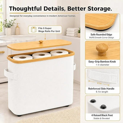 Premium Waterproof Toilet Paper Storage Box with Bamboo Lid - Fits 9 Mega Rolls, 900D Heavy-Duty Fabric Bathroom Organizer Bin with Elevated Base & Handles for Narrow Spaces (17.3"x 6.9"x 15.5")