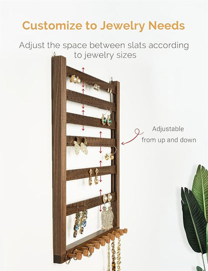 Mymazn Easy Assemble Solid Walnut Wood Earring Wall Holder Hanging Jewelry Organizer Necklace Holder Earring Hanger Wall Mount Jewelry Organizer for Necklaces Rings Scruncies Organization