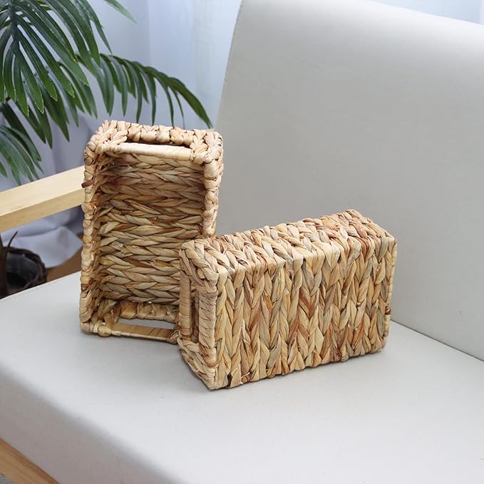 YAHUAN Woven Water Hyacinth Baskets for Organizing, Rectangular Wicker Baskets with Built-in Handles, Small Storage Baskets for Shelves (Water Hyacinth 2-Pack)