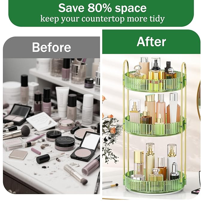 MOKANI 360 Rotating Makeup Organizer for Vanity, 3 Tier Adjustable Perfume Organizer for Dresser, Multi-Function Spinning Cosmetics Skincare Storage for Bedroom, Dresser, Countertop, Green