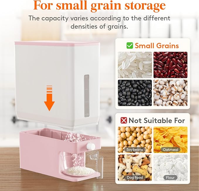 Lifewit Rice Dispenser 25 Lbs(11.3kg), Rice Storage Container Sealed Moisture Proof with Measuring Cup for Kitchen Pantry Household, BPA-Free, 1 Pack Pink