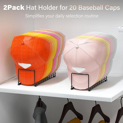 HzTinT 2 Pack Hat Organizer for Baseball Caps, Metal Hat Stand for 20 Baseball Caps, No Install Hat Holder with Silicon Anti-Slip Pad, Hat Rack Storage for Closet Dresser Desk Bedroom