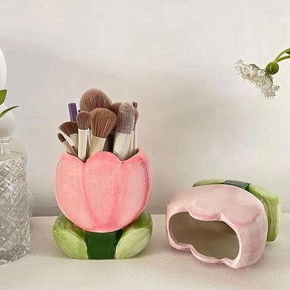 TANG SONG Ceramic Tulip Make up Brush Holder Flower Cosmetic Storage Box Pen and Pencil Holder Desktop Organizers (Pink)