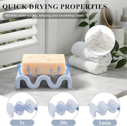 Diatomite Soap Dish Quick Drying Bar Soap Holder Draining Soap Saver Rack Wave Pattern Sponge Tray for Bathroom Sink, Shower, Kitchen, Blue