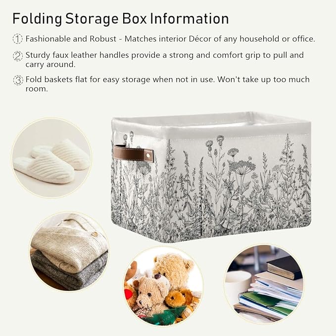 Black and White Flowers Storage Baskets,Decorative Collapsible Rectangular Canvas Fabric Storage Bin for Home, 2PACK