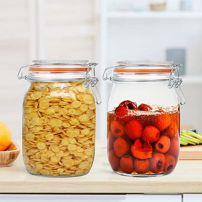 Glass Jars 32oz,Airtight Glass Food Storage Jar with Clamp Lid,1000ml Rounded Airtight Canister with Leak Proof Rubber Gasket,Clear Glass Kitchen Jars for Dry Food,Cereal,Beans,6 Pack