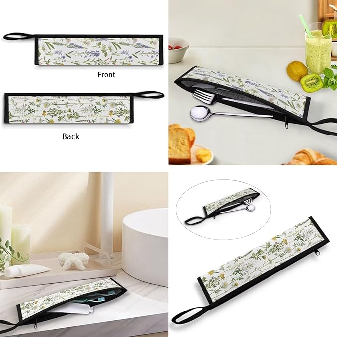 COEQINE Floral Utensils Holder Small Colorful Flower Fork Spoon Knife Organizer White Portable Lightweight Fork Spoon Knife Organizer Case With Handles Travel Accessories Outdoor Portable