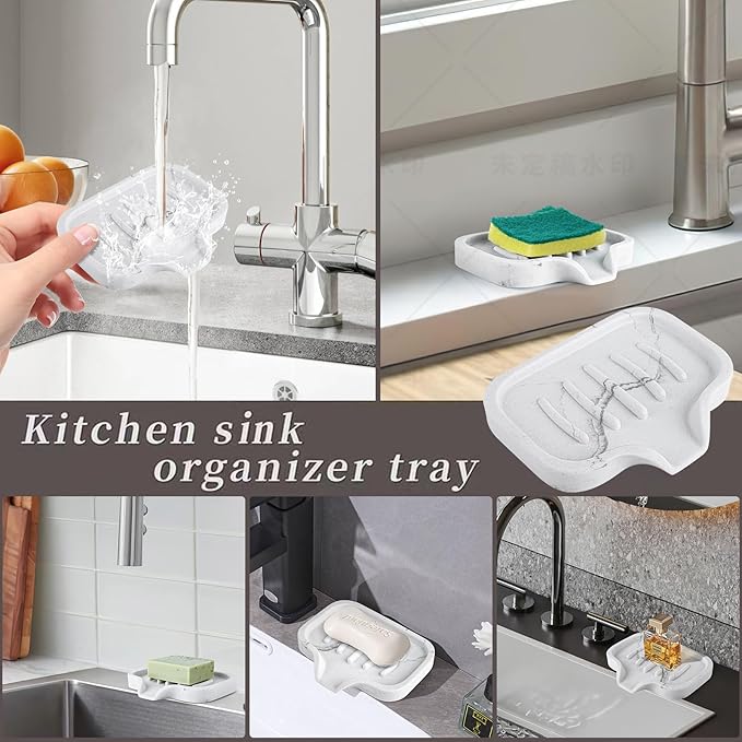 Self Draining Soap Dish for Shower and Bathroom Sink - Large Marble Resin Soap Holder with Drain, Non Slip Soap Tray for Bar Soap, Kitchen & Bathroom Counter