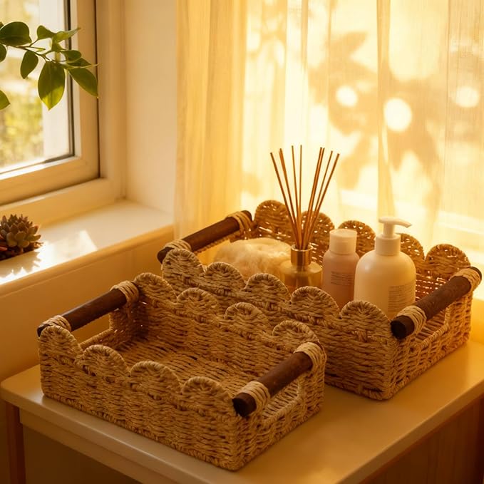 Cute Scalloped Basket, Handwoven Toilet Paper Storage with Built-in Handles, Wicker Basket for Organizing, Decoration and Home(Set of 2)