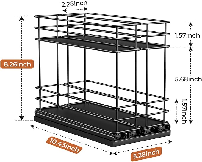 Mystozer Pull Out Spice Rack Organizer for Cabinet, Slide Out Spice Racks, Easy to Install Spice Cabinet Organizers, 5.28" Wx10.43 Dx8.26 H, 2 Drawers 2 Tiers(Black)