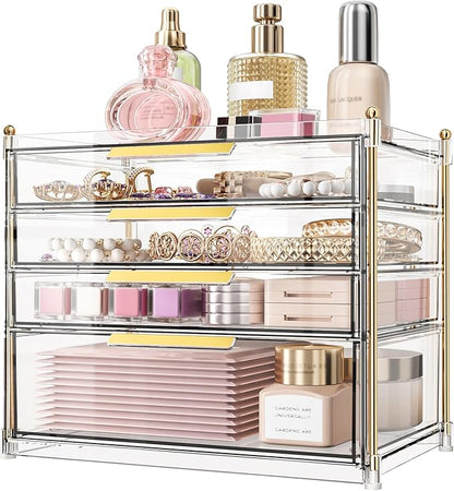 Aveniee 4 Drawers Makeup Organizer- Bathroom Counter Organizers and Storage, Plastic Bins Versatile Perfume Vanity Desk Organization for Cosmetic, Skincare, Face Mask, Jewelry, Clear