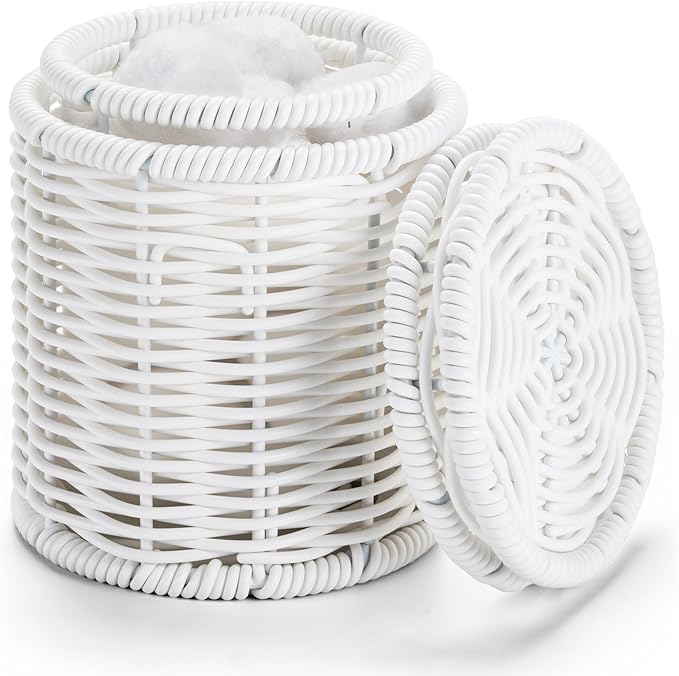 Rattan Jars,Decorative Storage Boxes with Lids, Bathroom Accessories,Rattan Desk Organizer,for Office,Dressing Table,Dental floss picks, cotton swab holders Home Decoration,White（DP056）