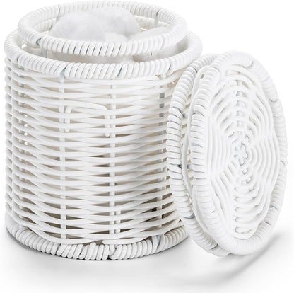 Rattan Jars,Decorative Storage Boxes with Lids, Bathroom Accessories,Rattan Desk Organizer,for Office,Dressing Table,Dental floss picks, cotton swab holders Home Decoration,White（DP056）