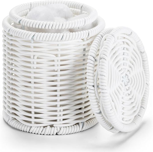 Rattan Jars,Decorative Storage Boxes with Lids, Bathroom Accessories,Rattan Desk Organizer,for Office,Dressing Table,Dental floss picks, cotton swab holders Home Decoration,White（DP056）