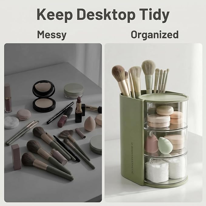 Sage Green Makeup Organizer Countertop for Vanity, Hair Accessories Organizer with Hair Brush Holder, Hair Organizer Storage for Hair Ties, Makeup Pads, Makeup Brushes, Beauty Blender