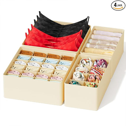 SpaceAid Underwear Drawer Organizer, 4 Pack Dresser Organizer Bins for Nursery, Closet Organization and Storage with Dividers for Baby Clothes Socks Bra Ties Scarf (Beige)