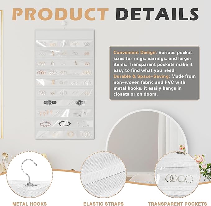 Hanging Jewelry Organizer Storage Roll, Double-Sided Necklaces Holder, 42 Pockets Plus 36 hooks Earrings Organizer Hang in Closet, On Wall, or Doors, White