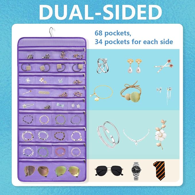 Travel Jewelry Organizer Dual Sided Hanging Earring Holder Bracelet Storage Rolls Rings Display Case with 68 Zippered Pockets (PURPLE)