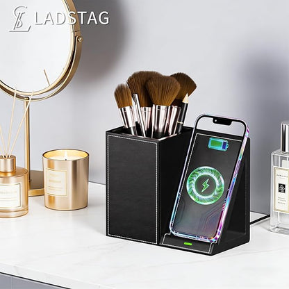 LADSTAG Leather Makeup Brush Holder Organizer with Phone Charging Stand, Makeup Organizers Countertop, Makeup Organization and Skincare Storage for Vanity, Desktop, Bathroom