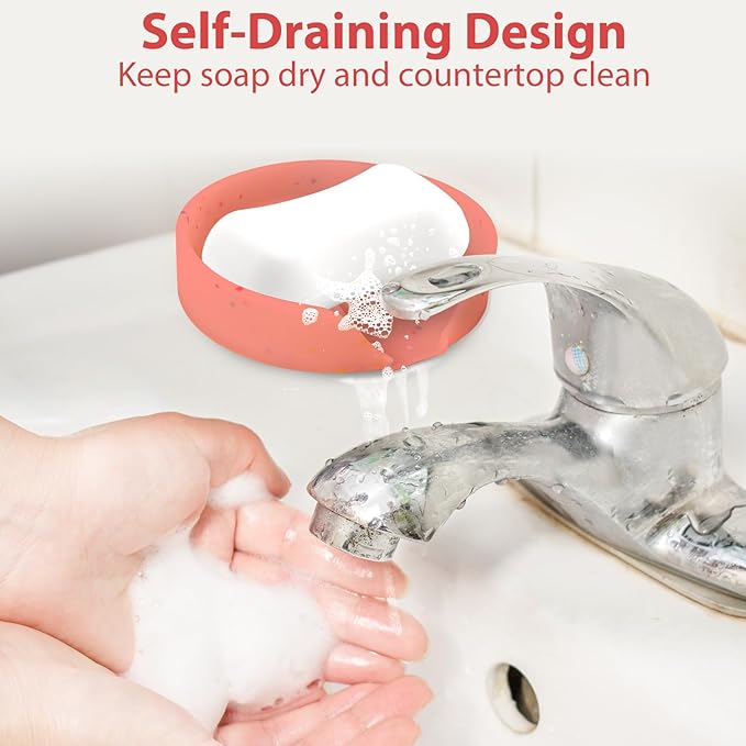 Silicone Bathroom Soap Dishes, Self Draining Waterfall Bar Soap Holder & Saver, Dish Soap Tray, Sponge Holder, 13 Non-Slip Suction Cups Dishwasher Safe for Bathroom Kitchen Shower Sink Organizer Red