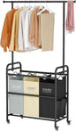 Tajsoon Laundry Sorter Cart with Hanging Clothes Rack, 3 Butler Sorter Basket Organizer, Laundry Hamper Cart with Heavy Duty Rolling Lockable Wheels, 3 Colors